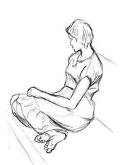 A rough sketch of a female figure in clothes. The girl sits with her legs on the couch, turning away from the viewer. Pencil drawing on white paper.