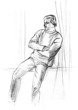 A rough sketch of a person sitting on the windowsill. Lead pencil on white paper.