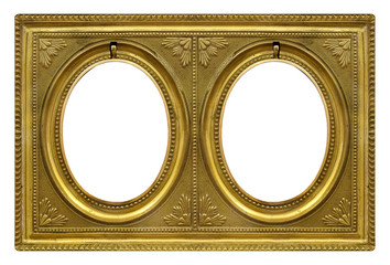 Double golden frame (diptych) for paintings, mirrors or photos isolated on white background