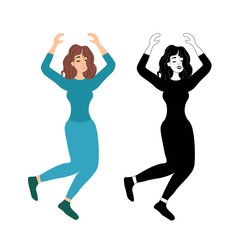 Young dancing brunette girl isolated on a white background. Female club dancers. Jumping up. Disco dancing at a music party. Happy man on the positive. Stock vector illustration for design.