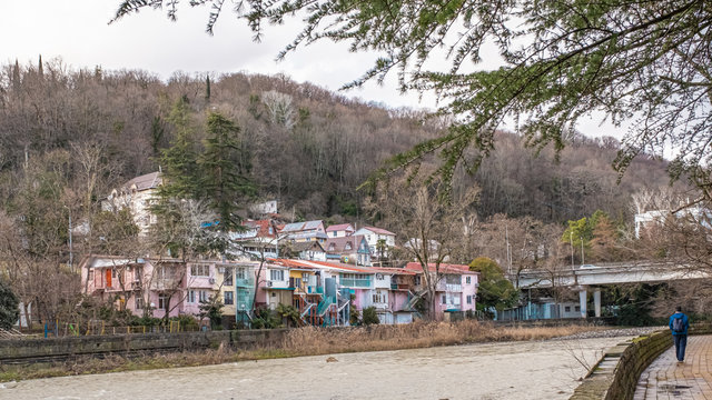 Khosta, a resort on Black Sea coast of Caucasus, microdistrict of city of Sochi, located in mouth of mountain Khosta River.