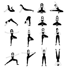 Girls in different yoga poses in outline black white isolated on white background. Asanas, sports, movements. Stock vector illustration for decoration and design, web pages, banners, posters, magazine