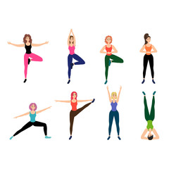 Collection of girls in standing yoga poses isolated on a white background. Asanas, sports, movements. Stock vector illustration for decoration and design, web pages, banners, posters, magazines.