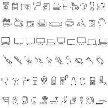 Home appliances line icons. Household electric devices, kitchen equipment and smart utensils.