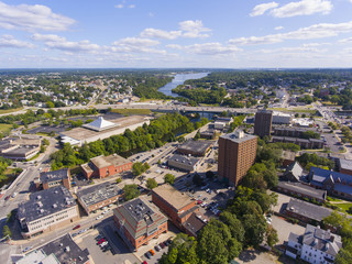 Pawtucket historic city center and Blackstone River aerial view, Pawtucket, Rhode Island RI, USA.