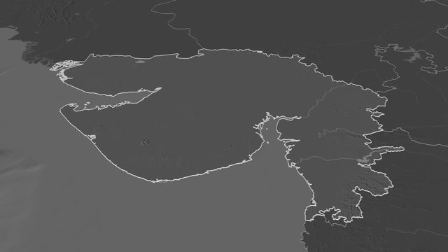Gujarat, state with its capital, zoomed and extruded on the bilevel map of India in the conformal Stereographic projection. Animation 3D