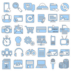 Set vector icons with elements for mobile concepts and web apps. Business and marketing, programming, data management, internet connection, social network, computing, information. Vector