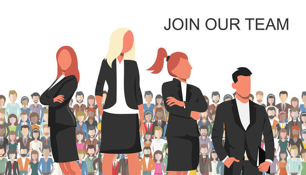 Join our community. Crowd of united people as a business or creative community standing together. Flat concept vector website template and landing page design for invitation to summit or conference