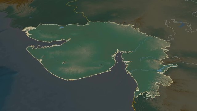 Gujarat, state with its capital, zoomed and extruded on the relief map of India in the conformal Stereographic projection. Animation 3D