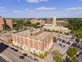 Pawtucket city hall on Roosevelt Avenue, William E Tolman High School and Blackstone River aerial view in downtown Pawtucket, Rhode Island RI, USA.
