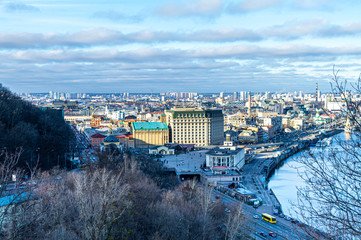 Fototapeta na wymiar Panoramic view of Podol district and Dnypro river in Kyiv, Ukraine on January 12, 2020. 