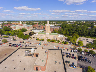 Pawtucket city hall on Roosevelt Avenue, William E Tolman High School and Blackstone River aerial view in downtown Pawtucket, Rhode Island RI, USA.