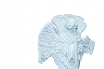Angel with wings. Ancient stone statue isolated on white background.