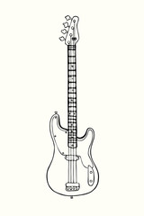 Bass guitar, hand drawn doodle gravure vintage style, sketch, outline vector illustration