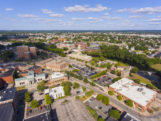 Fototapeta na wymiar Pawtucket city hall on Roosevelt Avenue, William E Tolman High School and Blackstone River aerial view in downtown Pawtucket, Rhode Island RI, USA.