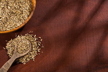 Dried fennel seeds in a wooden bowl with wooden spoon - Foeniculum vulgare