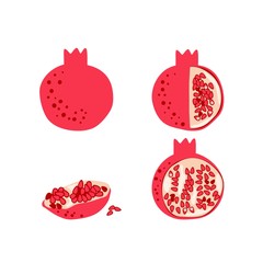 Pomegranate fruit set. Vector drawing isolated on white. Simple cute flat design. Symbol for Jewish traditional holidays. Great for card, poster, banner background. Botanical