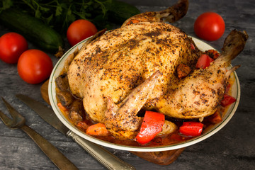 Baked chicken with vegetables on a plate.