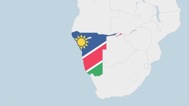 Namibia map highlighted in Namibia flag colors and pin of country capital Windhoek.