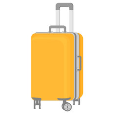 Yellow suitcase on wheels. Large travel bag with a metal long handle and two short handles. Isolated flat vector icon on white background.