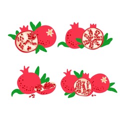 Pomegranate fruit set. Vector drawing isolated on white. Simple cute flat design. Symbol for Jewish traditional holidays. Great for card, poster, banner background. Botanical