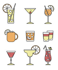 Collection set of icons: various alcohol cocktail glasses high ball martini margarita old fashioned shot Moscow mule mug. For card, poster, invitation, banner or restaurant menu for party event