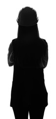 Silhouette of female engineer on white background, back view