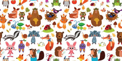 Forest seamless pattern with cute animals. Colorful pattern for banner, gift wrapping paper, t-shirts, greeting cards