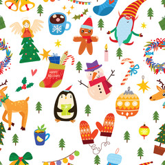 Seamless pattern for Christmas with cute animals and Christmas elements. Beautiful pattern for a luxurious gift wrapping paper, t-shirts, greeting cards