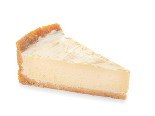 Slice of sweet tasty cheesecake on white background