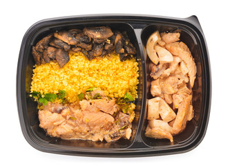 Container with healthy food on white background