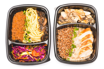 Containers with healthy food on white background