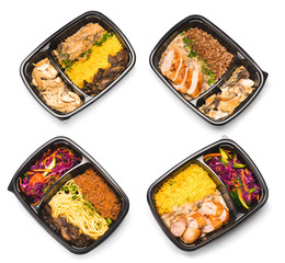 Containers with healthy food on white background