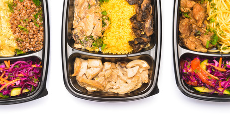 Containers with healthy food on white background