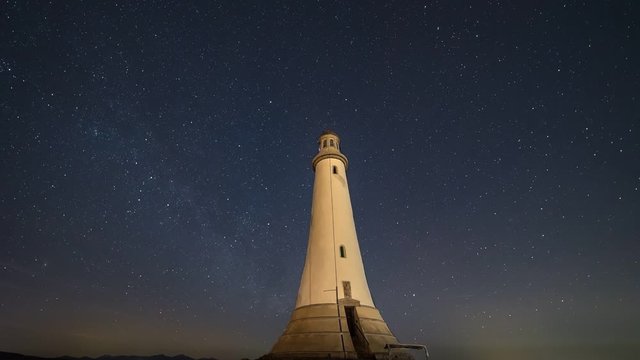 The Milky way turns behind a lighthouse on a hill with the mountains in the distance. Shadows of people can be seen dancing around the structure.