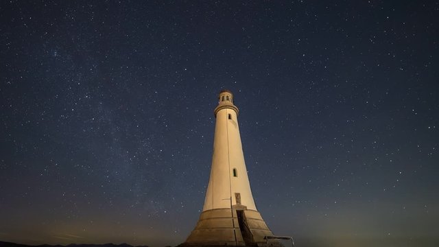 The milky way turns behind a lighthouse on a green hill with mountains in the distance and shadows of people around.