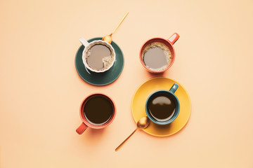 Cups of coffee on color background