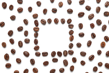 Frame made of coffee beans on white background