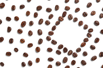 Frame made of coffee beans on white background