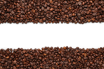 Many coffee beans on white background