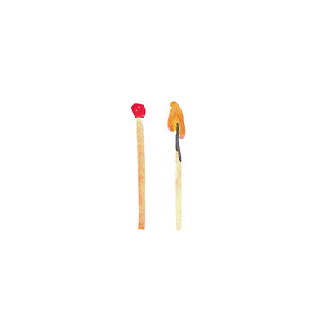 The whole and burned matches isolated on white background. Watercolor hand drawn illustration