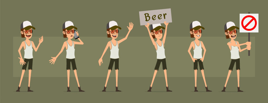 Cartoon funny cute hipster farmer boy character in shorts and glasses. Ready for animations. Stop, hello, beer and happy gesture. Isolated on green background. Big vector icon set.