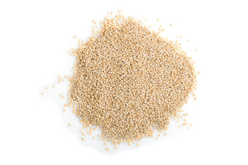 Pile of raw white quinoa isolated on white background. Top view, close up.