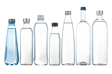 Glass and plastic bottles of fresh drinking water