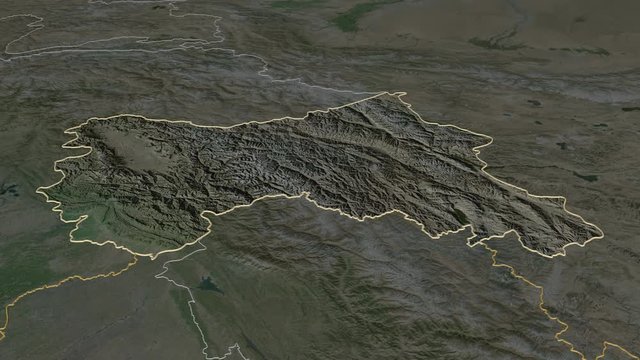 Jammu and Kashmir, state with its capital, zoomed and extruded on the satellite map of India in the conformal Stereographic projection. Animation 3D