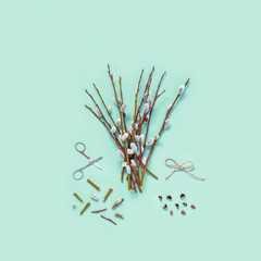 Branches with kidneys, scissors on a light background. Easter spring flat lay concept