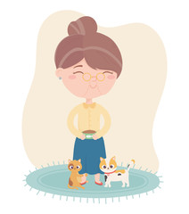 cats make me happy, old woman with bowl food and kittens cartoon