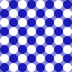 Rhombuses and circles drawn in white and blue colors, seamless pattern, vector