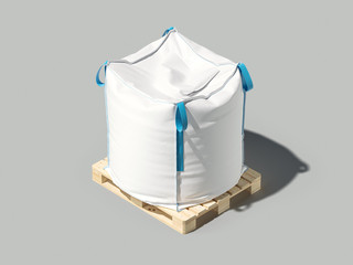 White big bag or sack on pallet. Isolated object on light background. Mockup for design. 3d render
