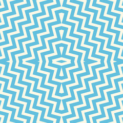 Seamless pattern with symmetric geometric ornament. Striped blue abstract background.
